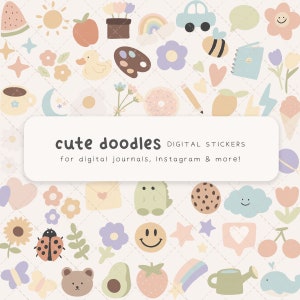 Pode incluir: Um conjunto de adesivos digitais fofos com várias ilustrações, incluindo um arco-íris, um carro, uma abelha, um donut, uma flor, uma nuvem, uma joaninha, um urso, um regador e muito mais. Os adesivos são perfeitos para adicionar um toque de fantasia a diários digitais, postagens do Instagram e outros projetos digitais. O texto "cute doodles DIGITAL STICKERS for digital journals, Instagram & more!" é exibido em uma faixa branca.