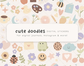 Adesivos digitais de rabiscos fofos, adesivos kawaii goodnotes, adesivos de planejador digital, adesivos estéticos simples para iPad, clipart de desenhos animados