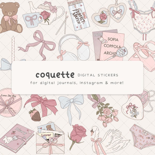 Coquette Digital Stickers, Pink Goodnotes Stickers, Valentine's Day Digital Planner Stickers, Aesthetic iPad Stickers, Vintage Clip Art