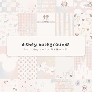 May include: A patchwork of pastel Disney-themed backgrounds. The image includes patterns with Mickey Mouse, Minnie Mouse, and floral motifs. Text overlay reads "disney backgrounds for Instagram stories & more!"
