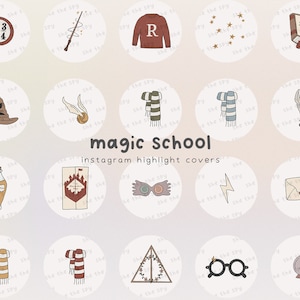 May include: Set of 16 Instagram highlight covers featuring illustrations related to magic school. The covers are circular and have a white background with a light pink, yellow, and blue gradient. The illustrations include a book with the word "Spells" on the cover, a red sweater with the letter "R" on it, a wand with a star at the end, a hat with a pointy top, a pair of glasses, a feather quill, a bottle with a cork, a letter with a wax seal, a scarf, a lightning bolt, a triangle with a star inside, a crystal ball, and a golden snitch.