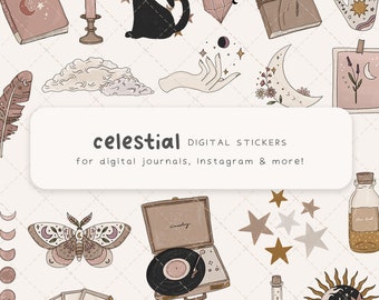May include: A set of digital stickers featuring celestial and mystical themes. The stickers include a crescent moon, stars, a sun, a cat, a crystal, a hand with a glowing orb, a book, a feather, a moth, a record player, a bottle, a tarot card, and a cloud. The stickers are in a light brown and beige color scheme.