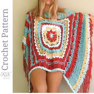 Boho Mandala Crochet Summer Cover Up Pattern with 3 finishing options (fringe/buttons/lacing) & optional ruffle neck. A wrap, shawl, poncho