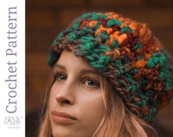 Funhouse Beanie is a textured crochet slouchy hat pattern using various stitches for interest. Quick chunky hat. Messy Bun Hat option.