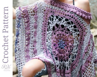 Boho Crochet Summer Cover Up Pattern featuring Mandala. 3 finishing options (fringe/buttons/lacing) & ruffle neck. Wrap, shawl, poncho