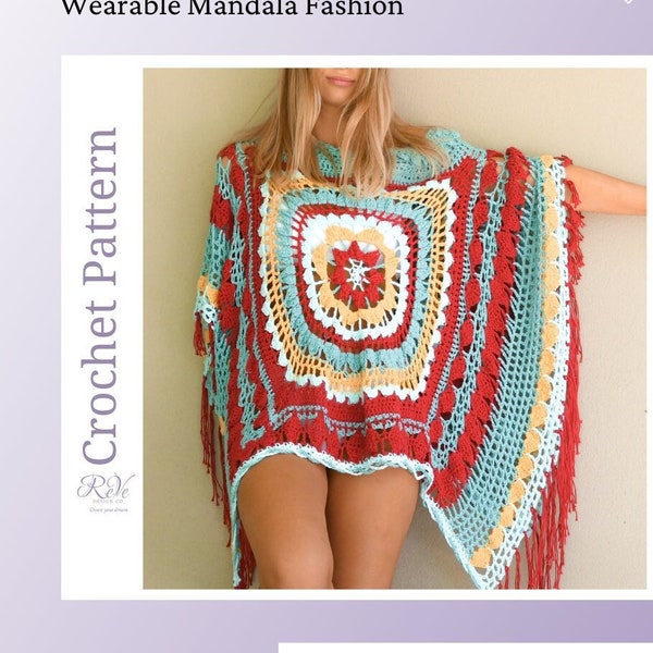 Boho Mandala Crochet Summer Cover Up Pattern with 3 finishing options (fringe/buttons/lacing) & optional ruffle neck. A wrap, shawl, poncho