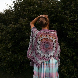 Boho Mandala Crochet Summer Cover Up Pattern with 3 finishing options fringe/buttons/lacing & optional ruffle neck. A wrap, shawl, poncho image 7