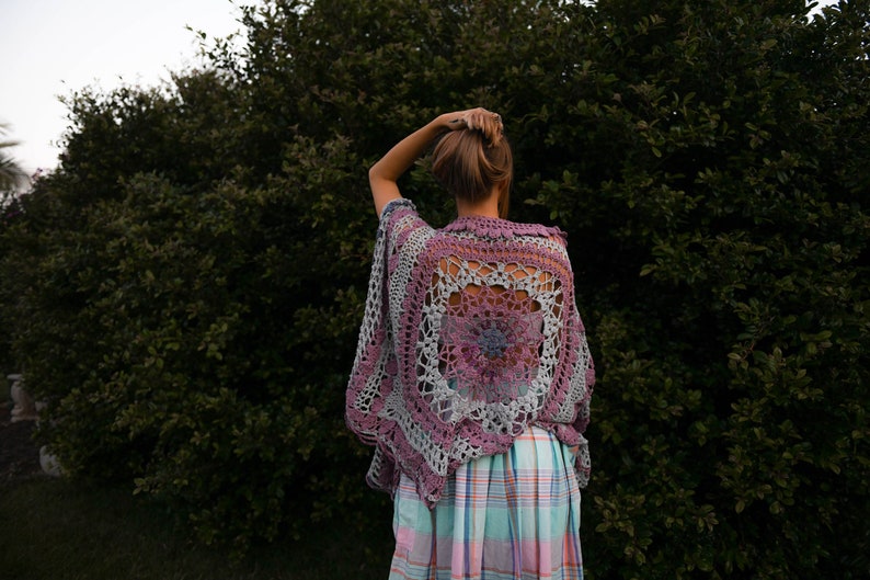 Boho Mandala Crochet Summer Cover Up Pattern with 3 finishing options fringe/buttons/lacing & optional ruffle neck. A wrap, shawl, poncho image 7