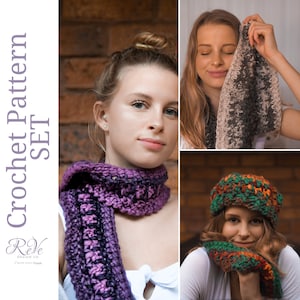 Funhouse Set - Cowl, Beanie, Scarf. Textured crochet patterns using various stitches for interest. Use chunky yarn for quick results.