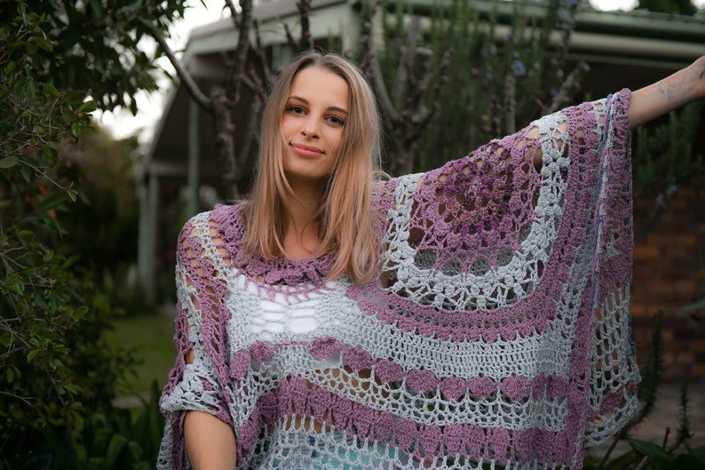 Boho Mandala Crochet Summer Cover Up Pattern with 3 finishing options fringe/buttons/lacing & optional ruffle neck. A wrap, shawl, poncho image 5