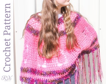 Womens Easy Crochet Poncho pattern with fancy pineapple lacework. Beginner level instructions for a boho-inspired womens wrap.