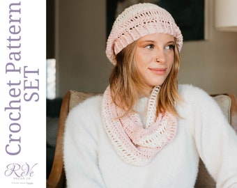 Lacy Beret & Cowl Crochet Pattern SET in DK weight yarn. Feminine and pretty, this design works well in multiple colors, or one solid.