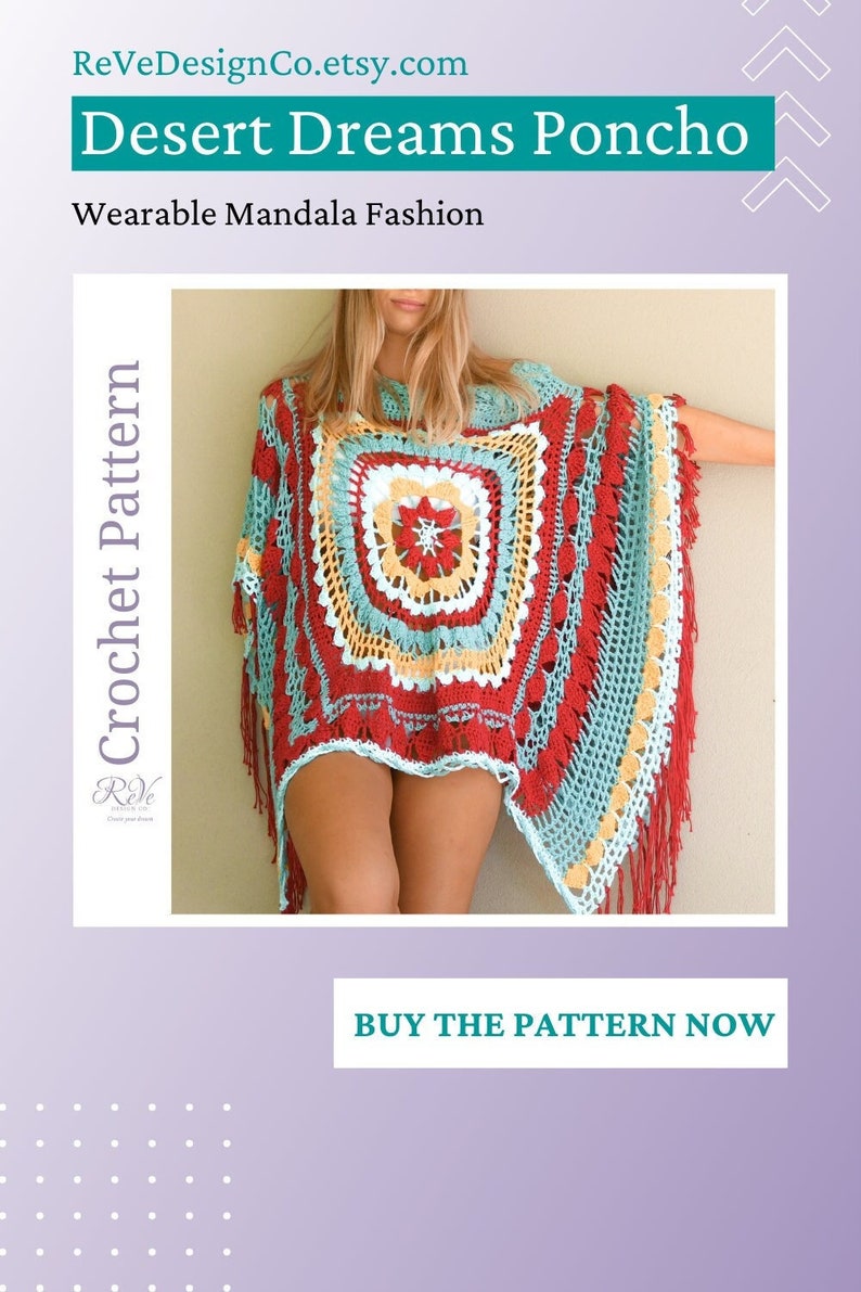 Boho Mandala Crochet Summer Cover Up Pattern with 3 finishing options fringe/buttons/lacing & optional ruffle neck. A wrap, shawl, poncho image 1