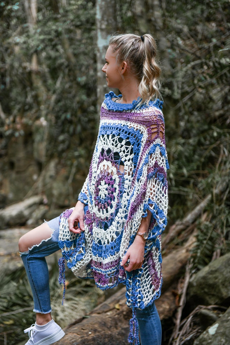 Boho Mandala Crochet Summer Cover Up Pattern with 3 finishing options fringe/buttons/lacing & optional ruffle neck. A wrap, shawl, poncho image 4