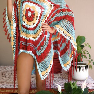 Boho Mandala Crochet Summer Cover Up Pattern with 3 finishing options fringe/buttons/lacing & optional ruffle neck. A wrap, shawl, poncho image 2