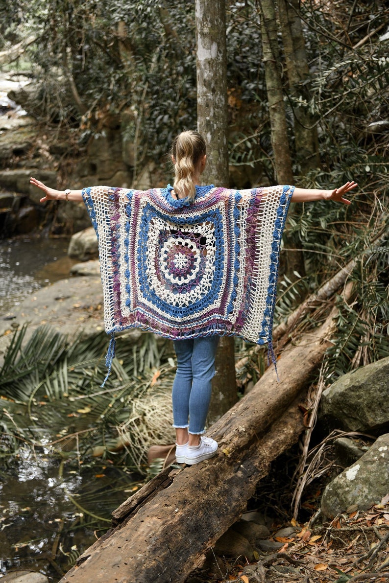 Boho Mandala Crochet Summer Cover Up Pattern with 3 finishing options fringe/buttons/lacing & optional ruffle neck. A wrap, shawl, poncho image 6