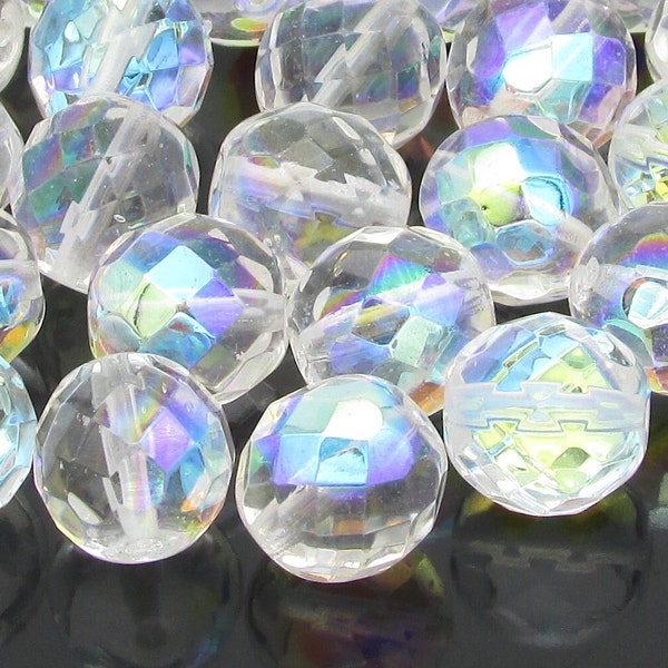 12mm Round Crystal AB Faceted Czech Glass Fire Polished Beads (25)