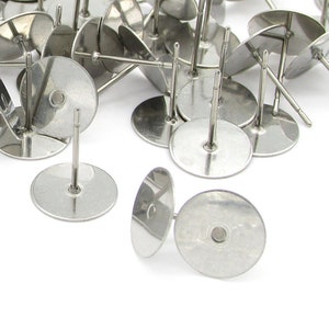 10mm Stainless Steel Earring Posts, Flat Pad Stud Findings (100)