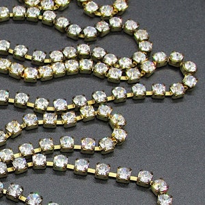 24pp Rhinestone Cup Chain, Vintage 3.5mm Narrow Crystal Trim, Unplated Brass 1 Foot Lengths