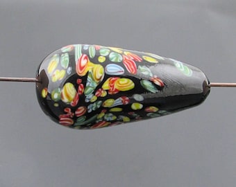 Vintage Teardrop Focal, 36x18mm Black Millefiori Lampwork Glass Tombo Bead