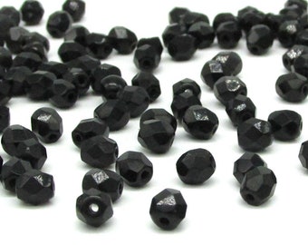 5x4.5mm Faceted Oval Beads, Opaque Jet Black Czech Fire Polished Glass