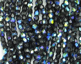 3mm Round Faceted Beads, Iridescent Jet AB Czech Fire Polished Tiny Opaque Spacers