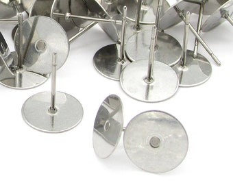 10mm Stainless Steel Earring Posts, Flat Pad Stud Findings (100)