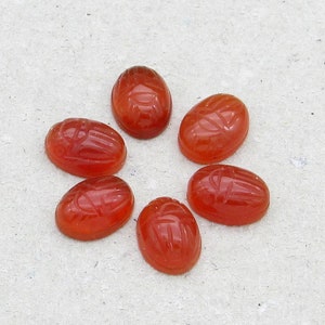 May include: Seven red carnelian scarab beetle cabochons arranged in a circle on a white background.