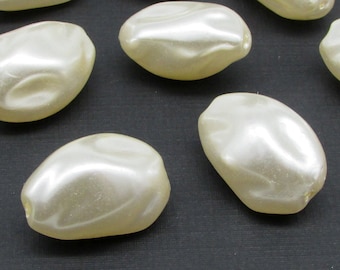 Vintage Cream Lustre Beads, 25x17mm Baroque Oval Plastic Pearls