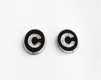Vintage Initial Cabochon, Black Glass with Rhinestone Letter, 10x8mm Flat Oval