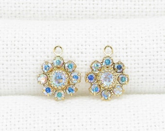 10mm Gold Plated Rhinestone Flower Charms,  2pc Small Crystal AB Pendants