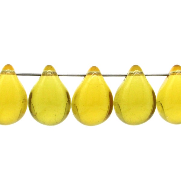 19mm Smooth Briolettes, Translucent Yellow Czech Glass Teardrop Beads (9)