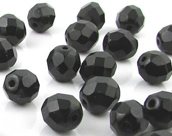 8mm Faceted Beads, Jet Black Czech Fire Polished Rounds (50)