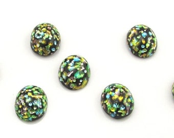 12x10mm Oval Confetti Glass Stones, Vintage Foiled Lampwork Cabochons (12)