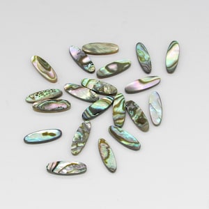 May include: A collection of oval-shaped iridescent abalone shell pieces. The shells are various shades of green, blue, and brown with a pearlescent sheen.