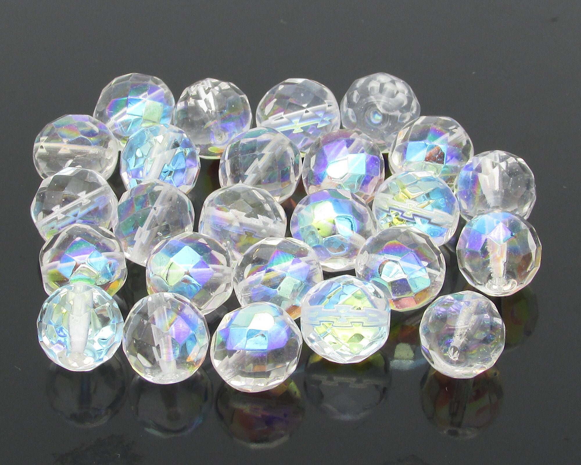 12mm Round Crystal AB Faceted Czech Glass Fire Polished Beads (25)