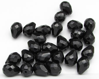 13x10mm Jet  Black Faceted Teardrops, Fire Polished Czech Glass Beads