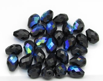 13x10mm Jet AB Faceted Teardrops, Fire Polished Czech Glass Beads