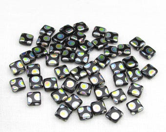 6mm Flat Square Beads, Jet Peacock Pressed Glass