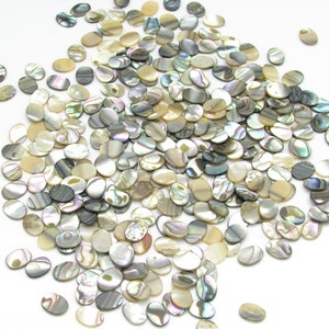 May include: A large pile of oval-shaped iridescent mother of pearl shell pieces. The shells are a mix of white, gray, and black colors.