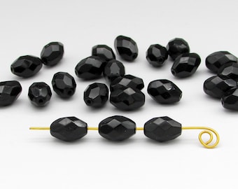 Faceted Oval Barrel Beads, Jet Black Czech Fire Polished Glass 7x5mm 11x8mm