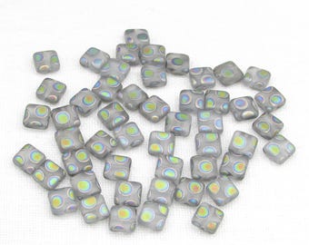 6mm Flat Square Beads, Matte Crystal Peacock Pressed Glass