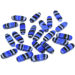 21x8mm Flat Oval Beads, Blue and Gray Striped Lampwork Glass