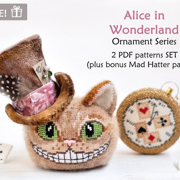 Alice in Wonderland Cross Stitch. Cheshire Cat Cross Stitch pattern. Pocket Watch Cross Stitch. White Rabbit Cross Stitch. Mad Hatter Cross