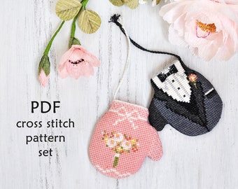 Wedding Mitten Cross Stitch Pattern: Mr & Mrs (PDF Pattern)