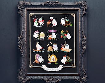 Ghost Calendar Cross Stitch Pattern - Halloween Goth Embroidery (PDF)