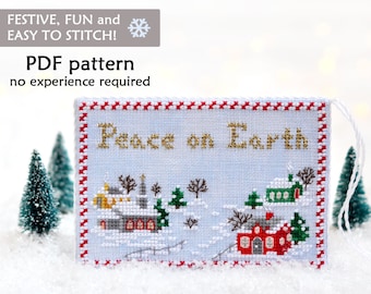 Peace on Earth Cross Stitch Pattern: Christmas Village Card (PDF Pattern)