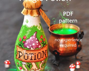 Potion Bottle Cross Stitch Pattern: Halloween Witches Brew Toadstools (PDF Pattern)