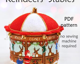 3D Christmas Ornament Cross Stitch Pattern: Santa's Reindeer Stable (PDF Pattern)