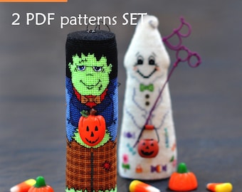 Padrões de enfeites de ponto cruz de Halloween: Fantasma e Frankenstein (padrão em PDF)